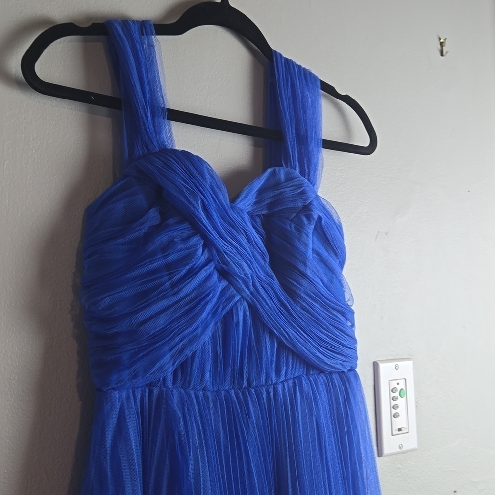 ASOS DESIGN-off shoulder tulle midi dress with tie back/ pleated skirt-Size 0 - Picture 3 of 16